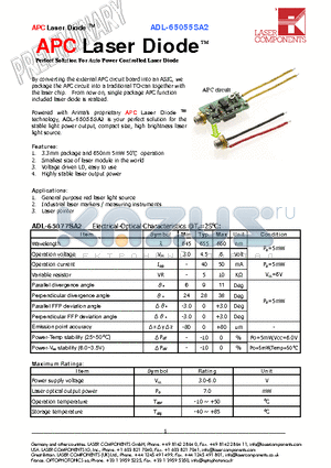 ADL-65055SA2 datasheet - Perfect Solution For Auto Power Controlled Laser Diode