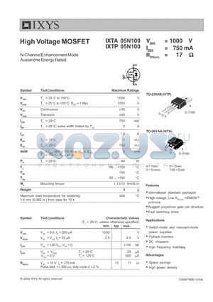 IXTA05N100 datasheet - High Voltage MOSFET