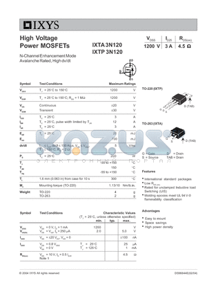 IXTA3N120 datasheet - High Voltage Power MOSFETs