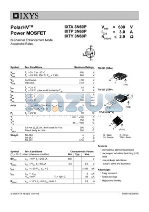 IXTA3N60P datasheet - PolarHVTM Power MOSFET