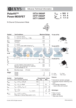 IXTA5N50P datasheet - PolarHV Power MOSFET - N-Channel Enhancement Mode