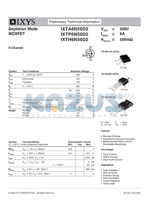 IXTA6N50D2 datasheet - Depletion Mode MOSFET