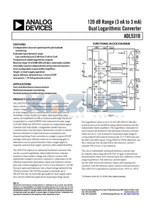 ADL5310ACP-REEL7 datasheet - 120 dB Range (3 nA to 3 mA) Dual Logarithmic Converter