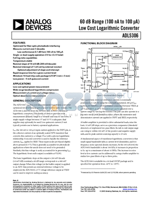 ADL5306ACP datasheet - 60 dB Range (100 nA to 100 UA) Low Cost Logarithmic Converter