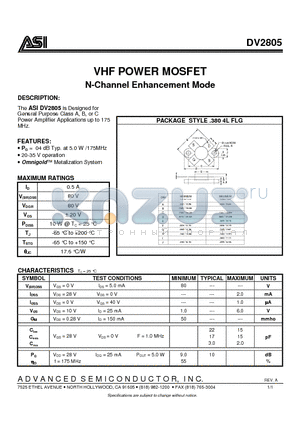 DV2805 datasheet - VHF POWER MOSFET N-Channel Enhancement Mode