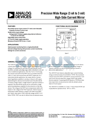 ADL5315-EVAL datasheet - Precision Wide Range (3 nA to 3 mA) High-Side Current Mirror
