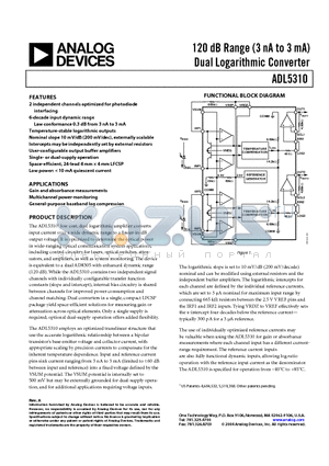 ADL5310 datasheet - 120 dB Range (3 nA to 3 mA) Dual Logarithmic Converter