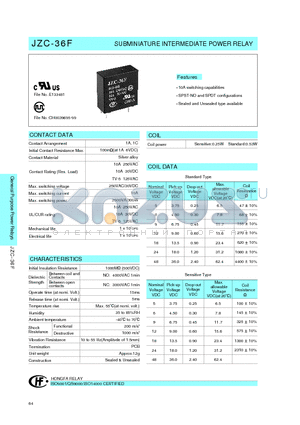 JZC-36F012HSLT datasheet - SUBMINIATURE INTERMEDIATE POWER RELAY