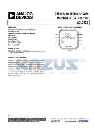 ADL5322-EVAL datasheet - 700 MHz to 1000 MHz GaAs Matched RF PA Predriver