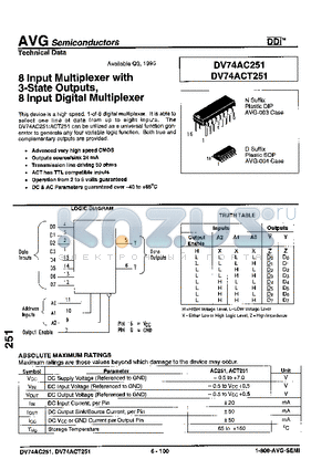 DV74ACT251 datasheet - 8 Input Multiplexer with 3-State Outputs, 8 Input Digital Multiplexer
