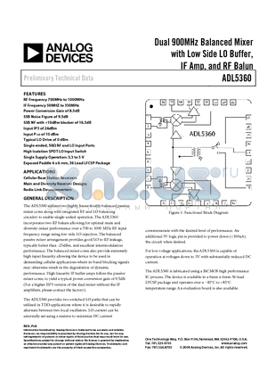 ADL5360XCPZ-R7 datasheet - Dual 900MHz Balanced Mixer with Low Side LO Buffer, IF Amp, and RF Balun