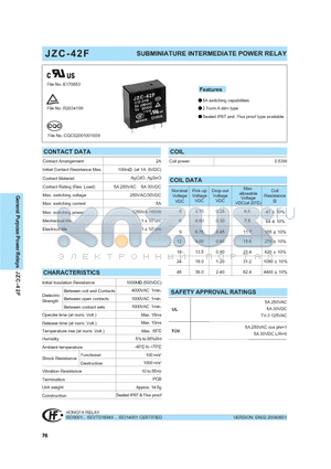 JZC-42F/0052HNILNIL datasheet - SUBMINIATURE INTERMEDIATE POWER RELAY