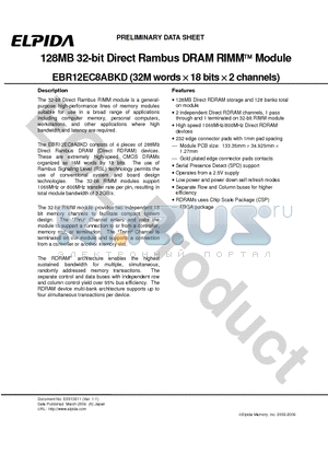 EBR12EC8ABKD-8C datasheet - 128MB 32-bit Direct Rambus DRAM RIMM Module