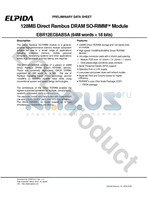 EBR12EC8ABSA datasheet - 128MB Direct Rambus DRAM SO-RIMM Module