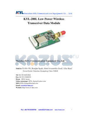 KYL-200L-12 datasheet - Low PowerWireless Transceiver Data Module