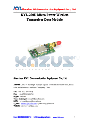 KYL-200U datasheet - KYL-200UMicro PowerWireless Transceiver DataModule