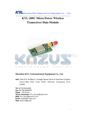 KYL-200U datasheet - Micro PowerWireless Transceiver DataModule