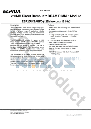 EBR25UC8ABFD-AE datasheet - 256MB Direct Rambus DRAM RIMM Module