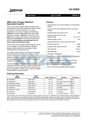 ICL7650SCPA-1 datasheet - 2MHz, Super Chopper-Stabilized Operational Amplifier