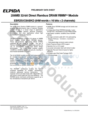 EBR25UC8ABKD datasheet - 256MB 32-bit Direct Rambus DRAM RIMM Module