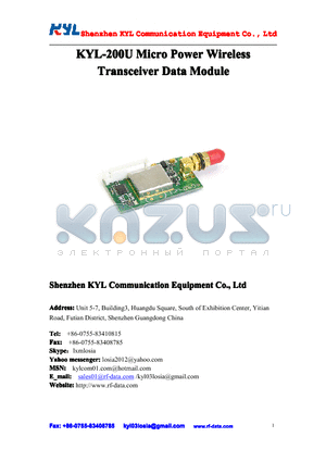 KYL-200U-12 datasheet - KYL-200UMicro PowerWireless Transceiver DataModule