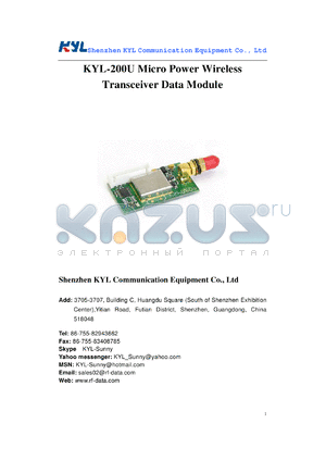 KYL-200U-192 datasheet - Micro PowerWireless Transceiver DataModule
