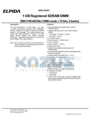 EBS11RC4ACNA-75 datasheet - 1 GB Registered SDRAM DIMM