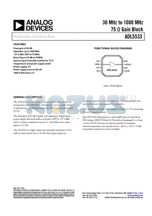 ADL5533 datasheet - 30 MHz to 1000 MHz 75 Y Gain Block