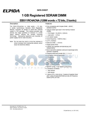 EBS11RC4ACNA-7A datasheet - 1 GB Registered SDRAM DIMM