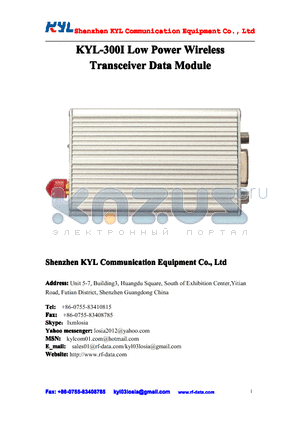 KYL-300I-192 datasheet - KYL-300I Low PowerWireless Transceiver DataModule