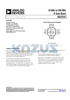 ADL5534ACPZ-WP datasheet - 20 MHz to 500 MHz IF Gain Block