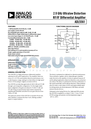 ADL5561 datasheet - 2.9 GHz Ultralow Distortion RF/IF Differential Amplifier