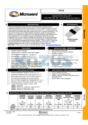 6510A datasheet - Isolated Diode Array with HiRel MQ, MX, MV, and SP Screening Options