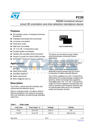 FC30TR datasheet - MEMS functional sensor:smart 3D orientation and click detection standalone device