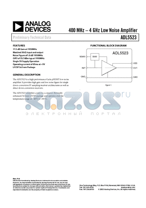 ADL5523ACPZ-R7 datasheet - 400 MHz - 4 GHz Low Noise Amplifier