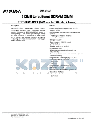 EBS52UC8APFA datasheet - 512MB Unbuffered SDRAM DIMM