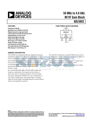 ADL5602-EVALZ datasheet - 50 MHz to 4.0 GHz RF/IF Gain Block