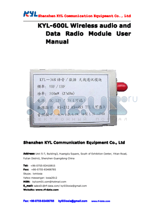 KYL-600L-96 datasheet - KYL-600L Wireless audio and Data Radio Module User Manual