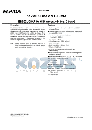 EBS52UC8APSA datasheet - 512MB SDRAM S.O.DIMM