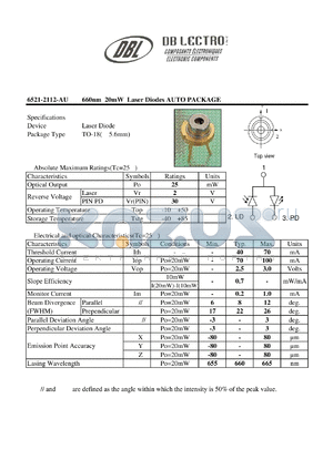 6521-2112-AU datasheet - 660nm 20mW Laser Diodes AUTO PACKAGE