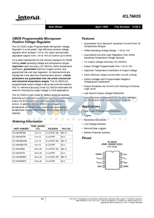 ICL7663SAIBA datasheet - CMOS Programmable Micropower Positive Voltage Regulator