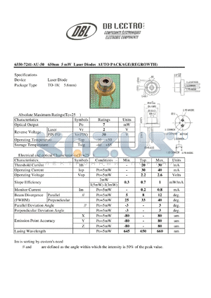 6550-7241-AU-50 datasheet - 650nm 5 mW Laser Diodes AUTO PACKAGE(REGROWTH)
