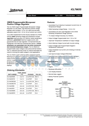 ICL7663SIBA datasheet - CMOS Programmable Micropower Positive Voltage Regulator