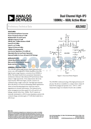 ADL5802 datasheet - Dual Channel High-IP3 100MHz-6GHz Active Mixer