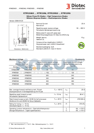 KYW25A3 datasheet - Silicon-Press-Fit-Diodes - High Temperature Diodes