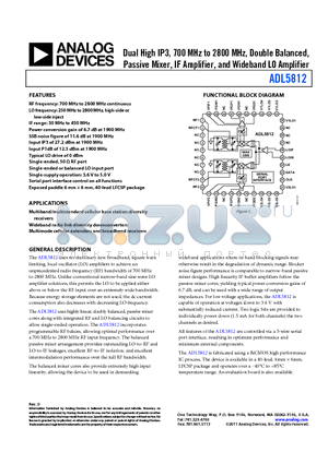 ADL5812ACPZ-R7 datasheet - Dual High IP3, 700 MHz to 2800 MHz, Double Balanced, Passive Mixer, IF Amplifier, and Wideband LO Amplifier