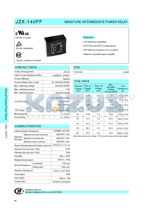 JZX-140FF0122HS datasheet - MINIATURE INTERMEDIATE POWER RELAY