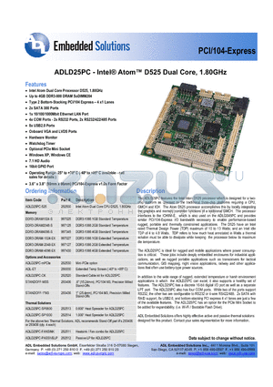 ADLD25PC datasheet - Intel Atom D525 Dual Core, 1.80GHz