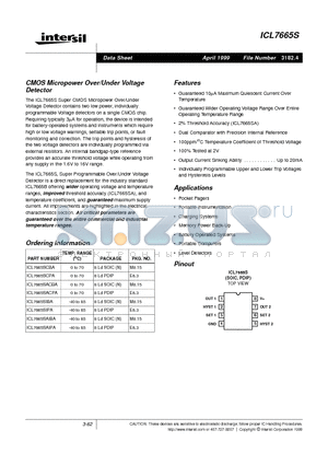 ICL7665SAIBA datasheet - CMOS Micropower Over/Under Voltage Detector