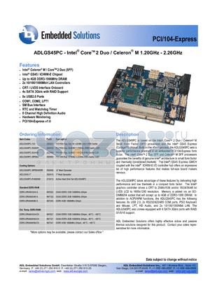ADLGS45PC datasheet - Intel Core 2 Duo / Celeron M 1.20GHz - 2.26GHz